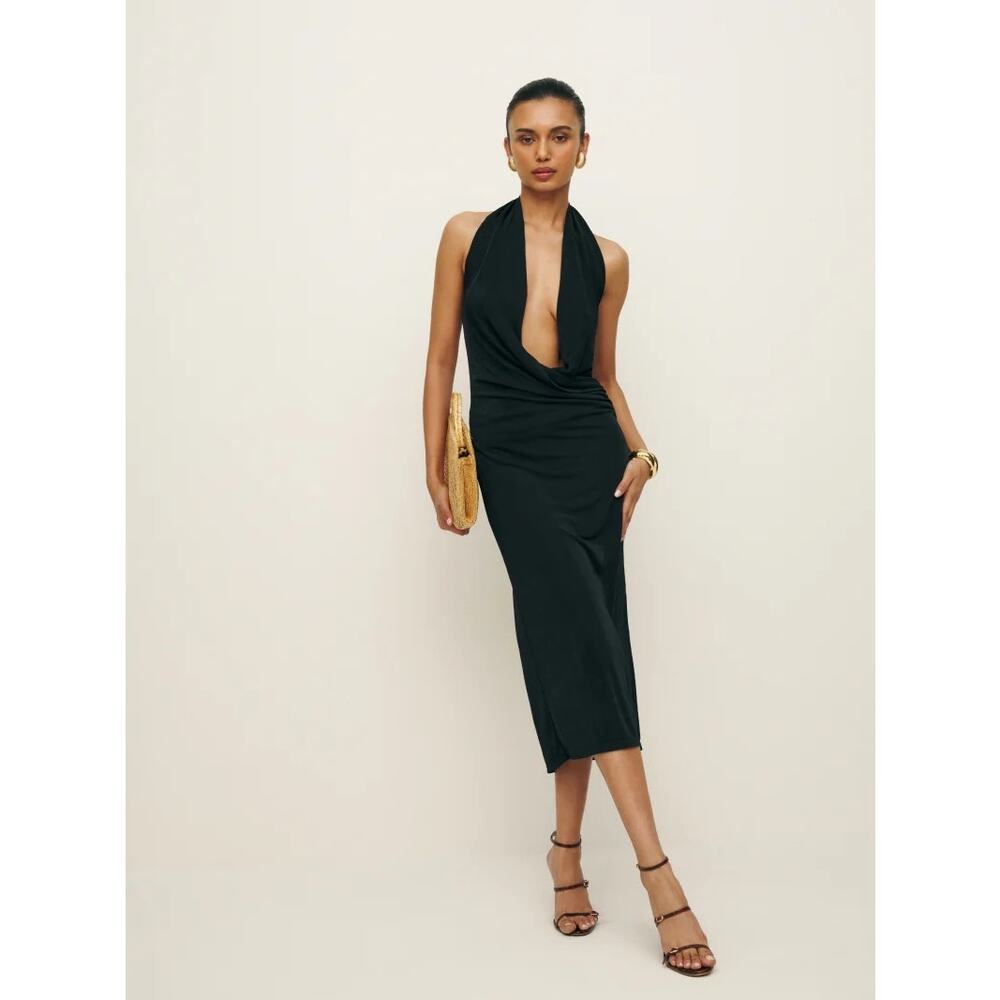 NWT Reformation Consuela Knit Midi Dress Draped Cowl Black XS